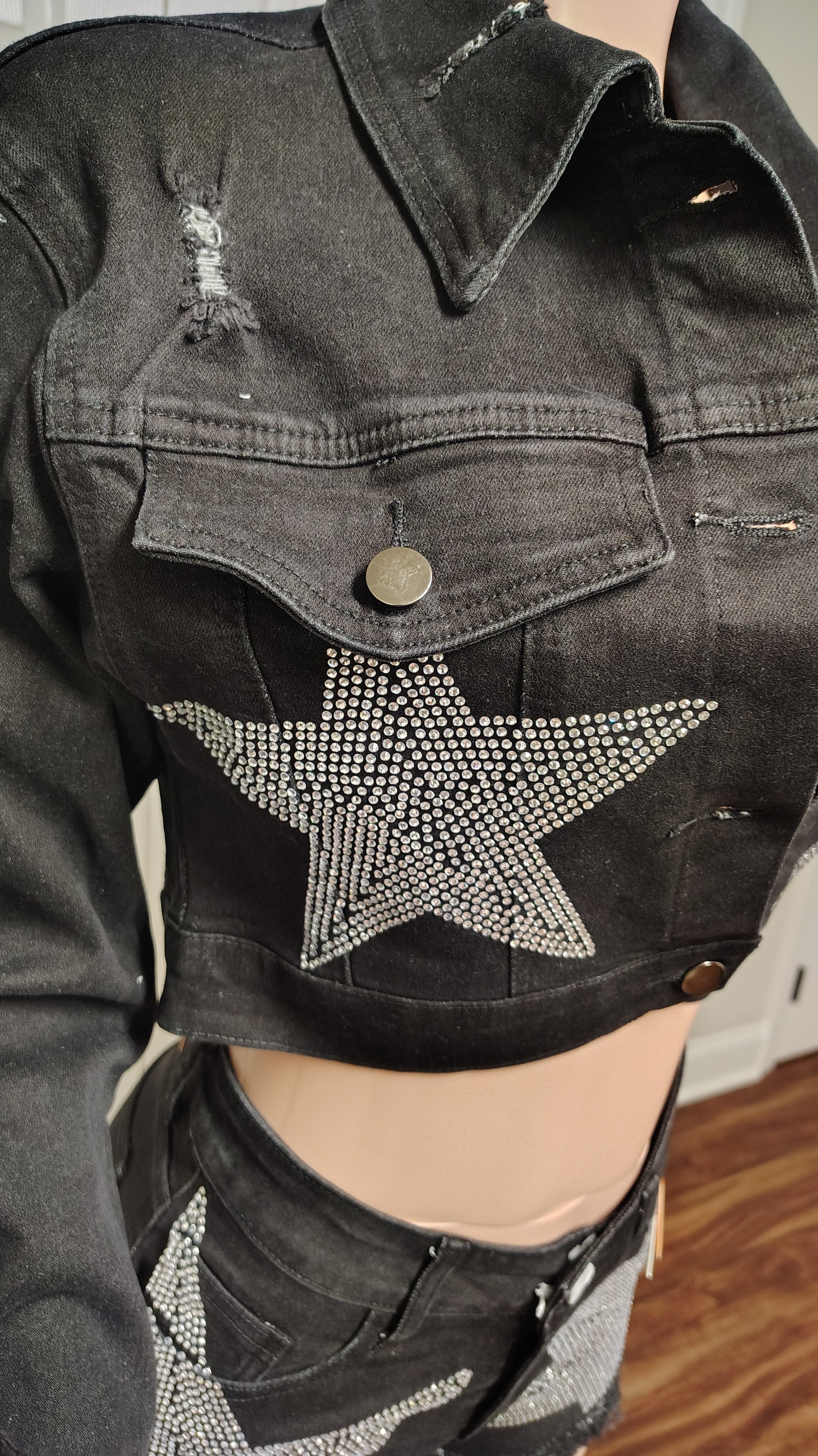Denim rhinestone jean short set