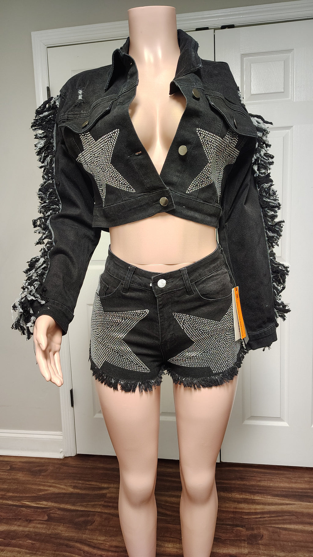 Denim rhinestone jean short set